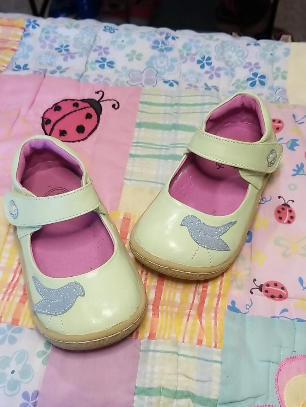 Livie & Luca Mint Green Leather Mary Janes with Blue Glitter Bird Size 7 Pio Pio